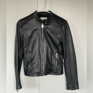 Mango Genuine Leather Cropped Black Moto Jacket Size XS